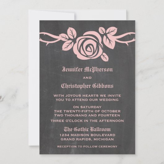 Roze Rose Chalkboard Wedding Invite Kaart (Voorkant)