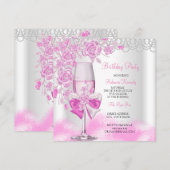 Roze Rose Champagne White Birthday Party Kaart (Voorkant / Achterkant)