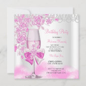Roze Rose Champagne White Birthday Party Kaart (Voorkant)