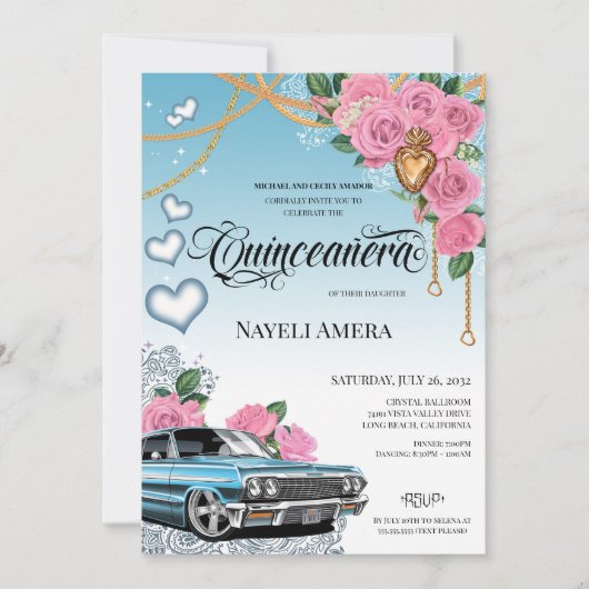 Roze Rose Classic Blauw Lowrider Chola Quinceanera Kaart (Voorkant)
