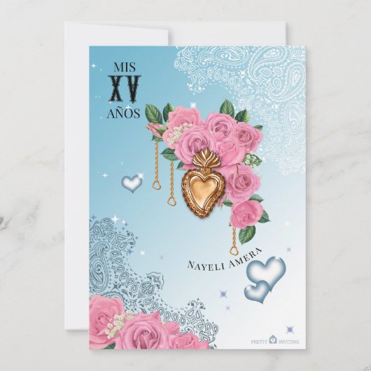 Roze Rose Classic Blauw Lowrider Chola Quinceanera Kaart (Achterkant)