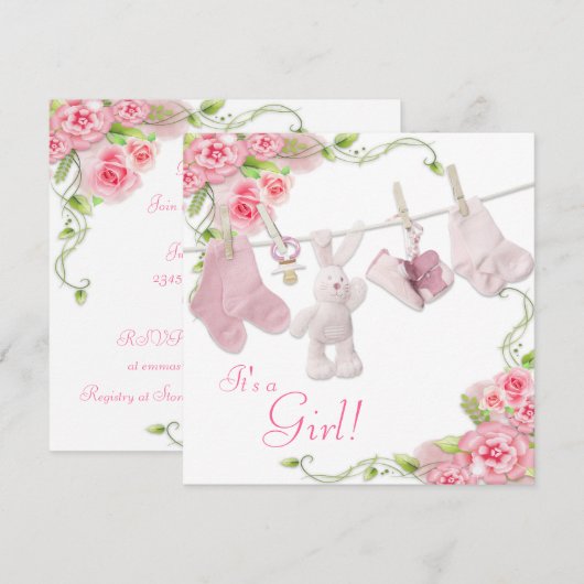 Roze Rose Clothesline Baby Meisje Douche Uitnodigi Kaart (Voorkant / Achterkant)