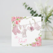 Roze Rose Clothesline Baby Meisje Douche Uitnodigi Kaart (Staand voorkant)