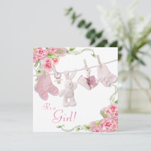 Roze Rose Clothesline Baby Meisje Douche Uitnodigi Kaart (Staand voorkant)