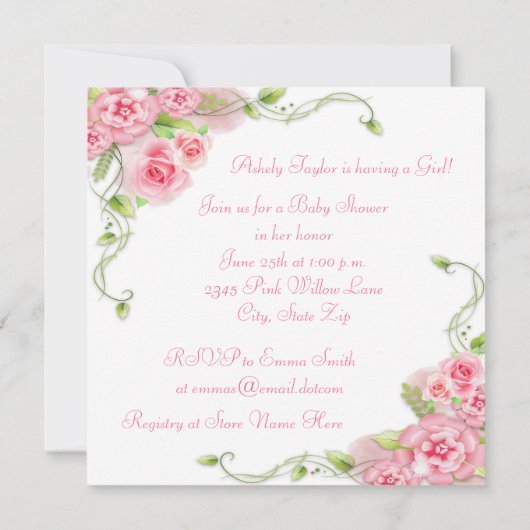 Roze Rose Clothesline Baby Meisje Douche Uitnodigi Kaart (Achterkant)