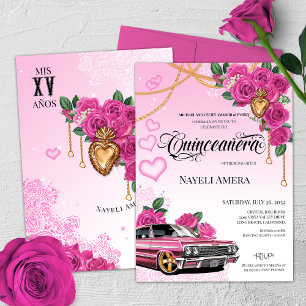 Roze Rose Corazon de Milagros Lowrider Quinceanera Kaart