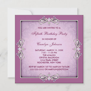 Roze Rose Damask, 50e Birthday Party Invitation Kaart