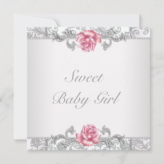 Roze Rose Damask Baby Girl Shower Kaart (Voorkant)