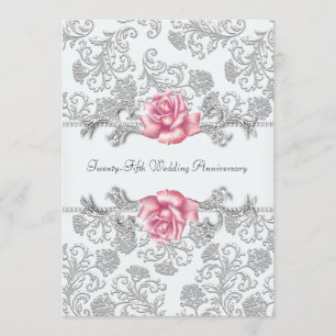 Roze Rose Damask Silver 25th Wedding Jubileum Kaart
