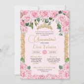 Roze Rose Decoratief Goud Elegant Quinceañera Kaart (Voorkant)