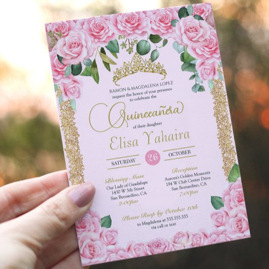 Roze Rose Decoratief Goud Elegant Quinceañera Kaart