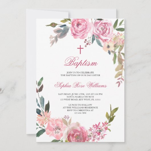 Roze Rose doop uitnodiging (Voorkant)