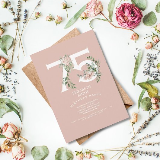 Roze Rose Elegant 75th Blush Birthday Party Kaart