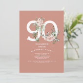 Roze Rose Elegant 90th Birthday Party Invitation Kaart (Staand voorkant)