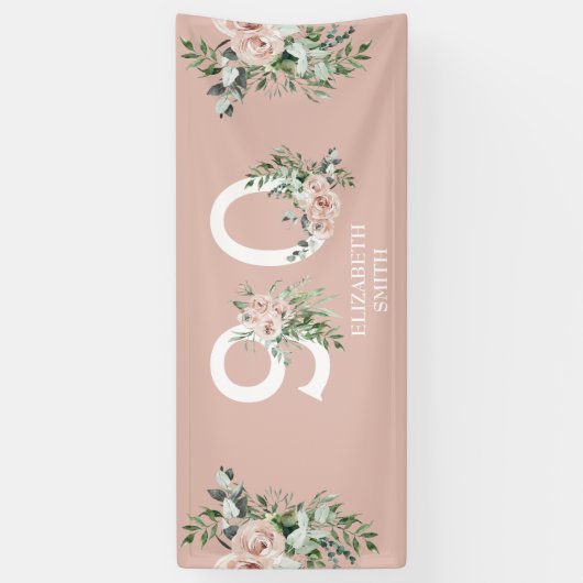 Roze Rose Elegant 90th Blush Birthday Party Spandoek (Verticaal)