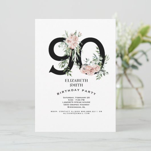 Roze Rose Elegant 90th White Birthday Party Kaart (Staand voorkant)