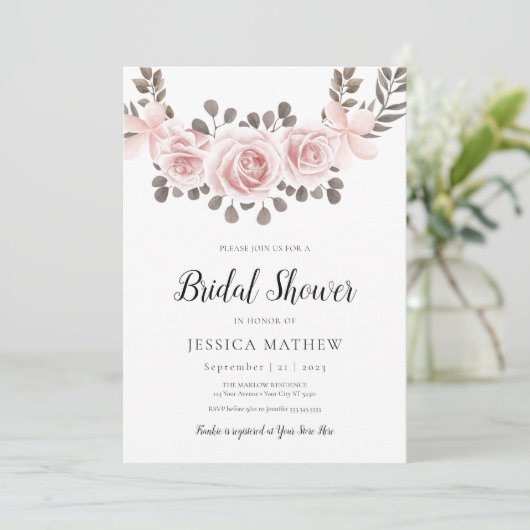 Roze Rose Elegant Bruids Douche Uitnodiging (Staand voorkant)