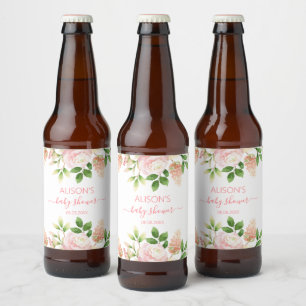 Roze Rose Elegant Floral Girl Baby shower Bier Etiket