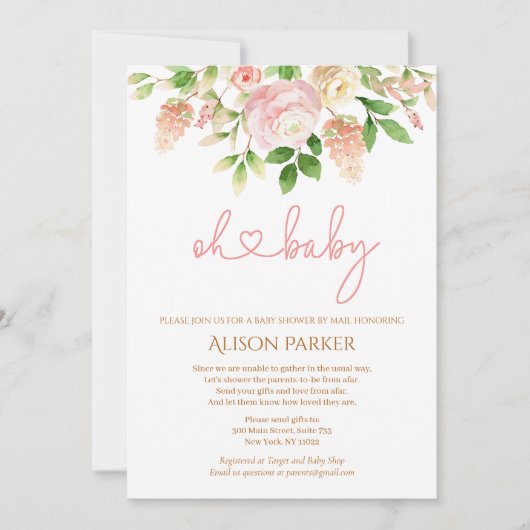 Roze Rose Elegant Floral Girl Baby shower e-mail Kaart (Voorkant)