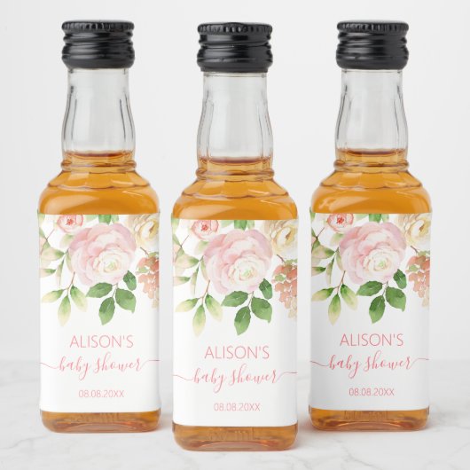 Roze Rose Elegant Floral Girl Baby shower Mini Likeurfles Etiket (Flessen)