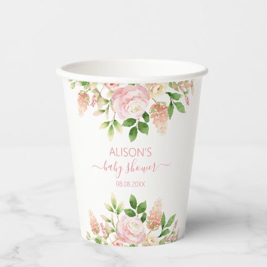 Roze Rose Elegant Floral Girl Baby shower Papieren Bekers (Voorkant)