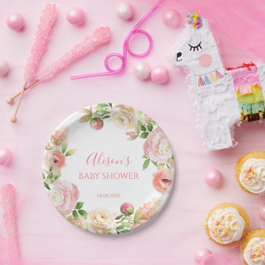 Roze Rose Elegant Floral Girl Baby shower Papieren Bordje (Feest)