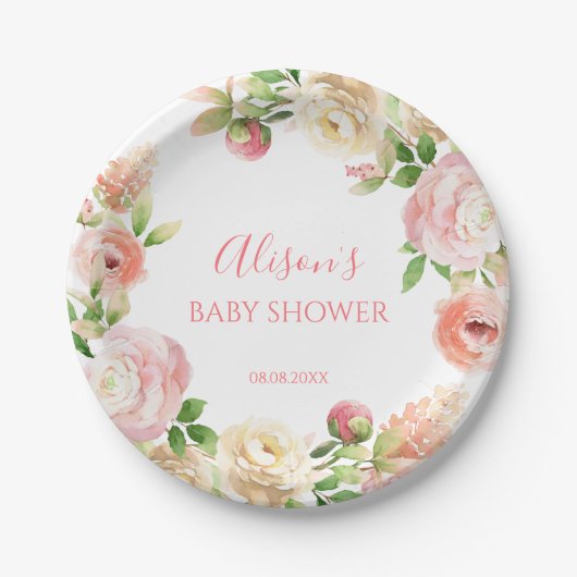 Roze Rose Elegant Floral Girl Baby shower Papieren Bordje (Voorkant)