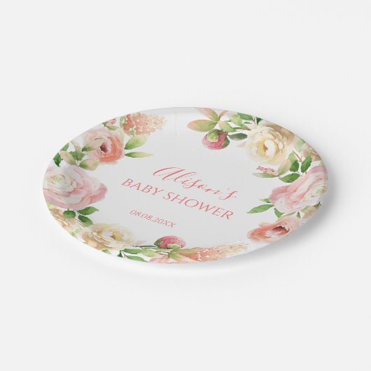 Roze Rose Elegant Floral Girl Baby shower Papieren Bordje (Gekanteld)