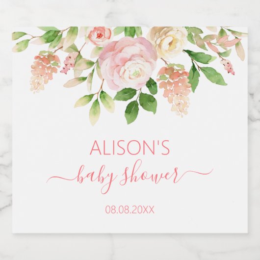 Roze Rose Elegant Floral Girl Baby shower Sparkling Wijnetiket (Enkel label)