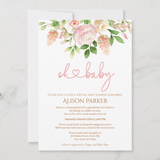 Roze Rose Elegant Floral Girl Virtual Baby shower Kaart (Voorkant)
