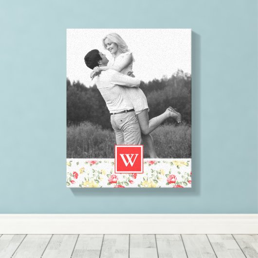 Roze Rose Elegant Wallpaper | Foto met monogram Canvas Afdruk (Insitu (Houten vloer))