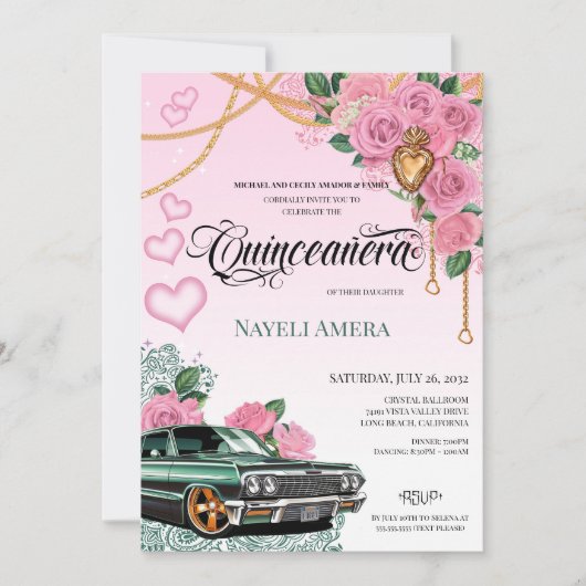 Roze Rose Emerald Groene Chola Lowrider Quinceaner Kaart (Voorkant)
