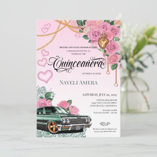 Roze Rose Emerald Groene Chola Lowrider Quinceaner Kaart (Staand voorkant)