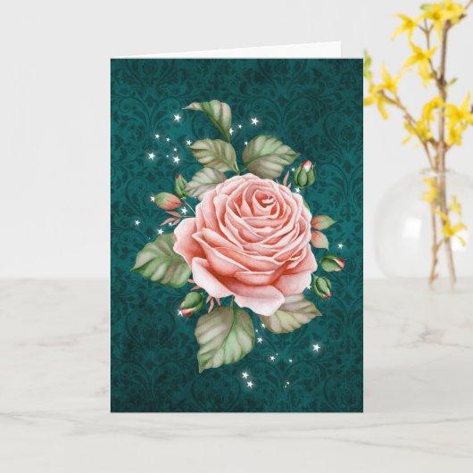  Roze Rose en Elegant Blauwgroen denken van jou Kaart (Gele Bloem)