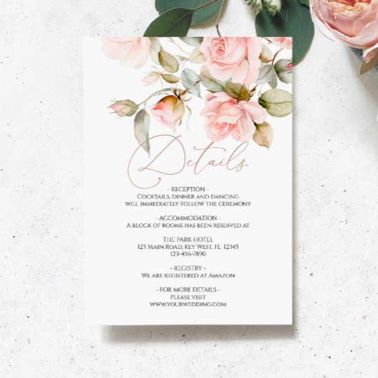 Roze Rose en Greenery Wedding Details Enclosure Informatiekaartje