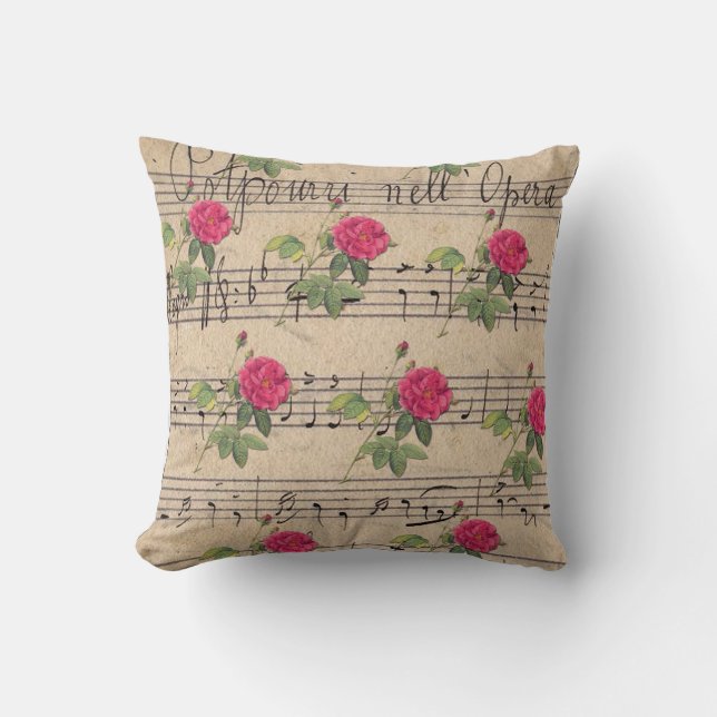 Roze Rose en Groen Fiets Muziek Blad Gooi Pil Kussen (Voorkant)