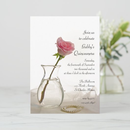 Roze Rose en Parells Quinceanera Party Invitation Kaart (Staand voorkant)