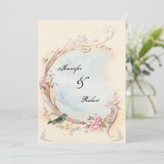 Roze Rose en Robin Bruiloft Uitnodiging (Staand voorkant)