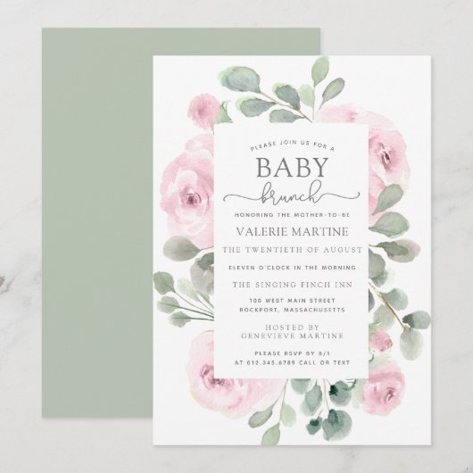 Roze Rose Eucalyptus Baby Brunch Kaart (Voorkant / Achterkant)