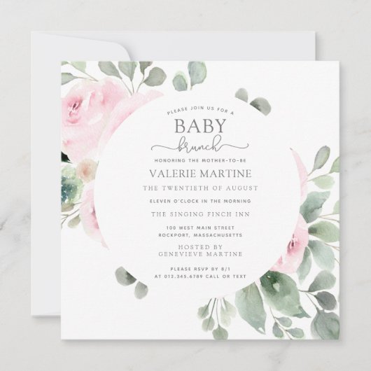 Roze Rose Eucalyptus Baby Brunch Uitnodiging (Voorkant)