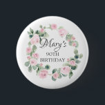 Roze Rose Eucalyptus Botanische 90th Birthday Ronde Button 5,7 Cm<br><div class="desc">Zeer  roze roze roodbaars omringt de naam en de verjaardag van de verjaardagsfeestdag. De roze rozen worden in zachte,  groene eucalyptusbladeren gesneden. De naam van de beroemde wordt geschreven in een vrouwelijk manuscript om het zeer speciaal te maken.</div>
