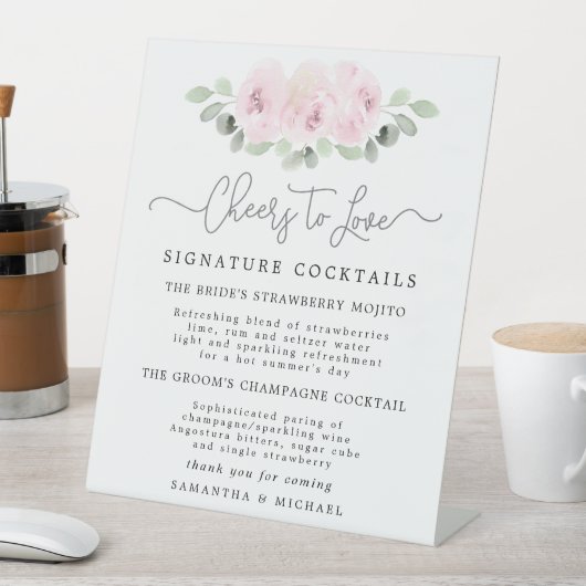 Roze Rose Eucalyptus Cocktails Weddenschap Reclamebord Met Voetstuk (Insitu)