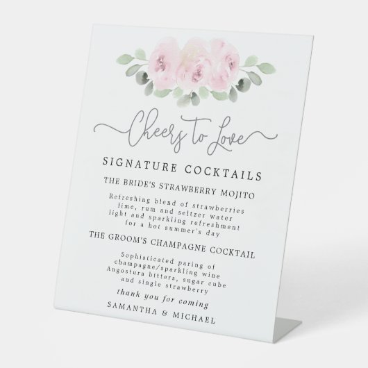 Roze Rose Eucalyptus Cocktails Weddenschap Reclamebord Met Voetstuk (Voorkant)
