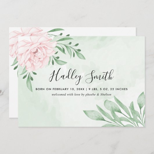 Roze Rose Eucalyptus Foliage Birth Announding Aankondiging (Voorkant / Achterkant)