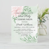 Roze Rose Eucalyptus Foliage First Communie Kaart (Staand voorkant)