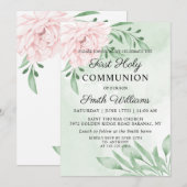 Roze Rose Eucalyptus Foliage First Communie Kaart (Voorkant / Achterkant)