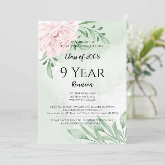 Roze Rose Eucalyptus Foliage High School Reunion Kaart (Staand voorkant)