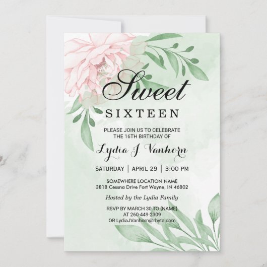 Roze Rose Eucalyptus Foliage Sweet 16 Verjaardag Kaart (Voorkant)