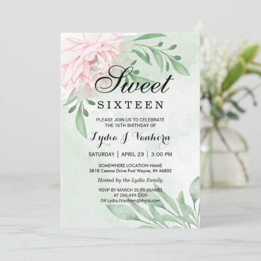 Roze Rose Eucalyptus Foliage Sweet 16 Verjaardag Kaart (Staand voorkant)