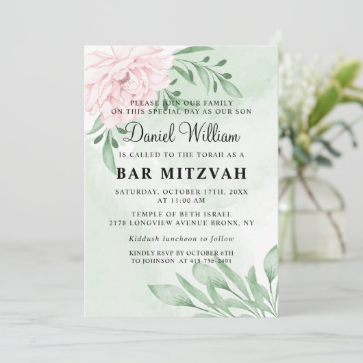 Roze Rose Eucalyptus Succulent Foliage Bar Mitzvah Kaart (Staand voorkant)